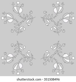 Circular pattern  of floral motif, doodles, hole, spots,stamens,leaves. Hand drawn.