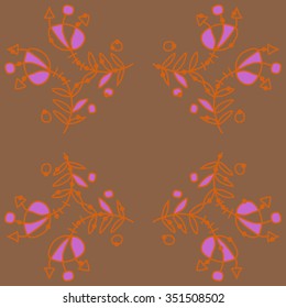 Circular pattern  of floral motif, doodles, hole, spots,stamens,leaves. Hand drawn.