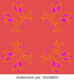 Circular pattern  of floral motif, doodles, hole, spots,stamens,leaves. Hand drawn.