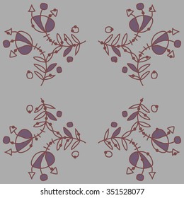 Circular pattern  of floral motif, doodles, hole, spots,stamens,leaves. Hand drawn.