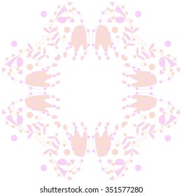 Circular pattern  of floral motif, doodles, hole, spots,stamens,leaves, ellipses. Hand drawn.