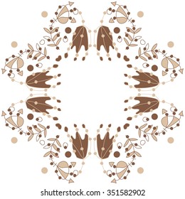 Circular pattern  of floral motif, doodles, hole, spots,stamens,leaves, ellipses. Hand drawn.