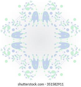 Circular pattern  of floral motif, doodles, hole, spots,stamens,leaves, ellipses. Hand drawn.