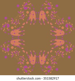 Circular pattern  of floral motif, doodles, hole, spots,stamens,leaves, ellipses. Hand drawn.