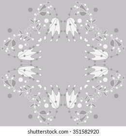 Circular pattern  of floral motif, doodles, hole, spots,stamens,leaves, ellipses. Hand drawn.