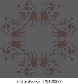 Circular pattern  of floral motif, doodles, hole, spots,stamens,leaves, ellipses. Hand drawn.