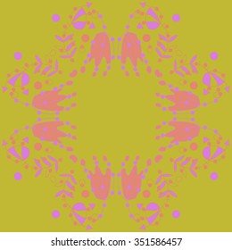 Circular pattern  of floral motif, doodles, hole, spots,stamens,leaves, ellipses. Hand drawn.
