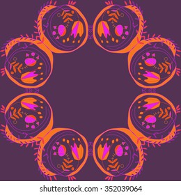 Circular pattern  of floral motif, doodles, hole, spots,stamens,leaves,  tulip. Hand drawn.