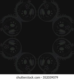 Circular pattern  of floral motif, doodles, hole, spots,stamens,leaves,  tulip. Hand drawn.