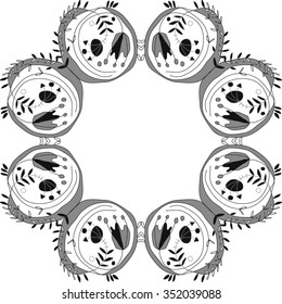 Circular pattern  of floral motif, doodles, hole, spots,stamens,leaves,  tulip. Hand drawn.