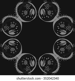Circular pattern  of floral motif, doodles, hole, spots,stamens,leaves,  tulip. Hand drawn.