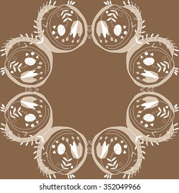 Circular pattern  of floral motif, doodles, hole, spots,stamens,leaves,  tulip. Hand drawn.