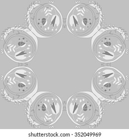 Circular pattern  of floral motif, doodles, hole, spots,stamens,leaves,  tulip. Hand drawn.