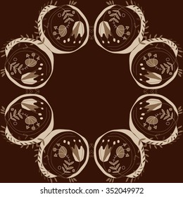 Circular pattern  of floral motif, doodles, hole, spots,stamens,leaves,  tulip. Hand drawn.