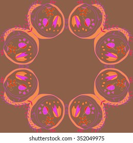 Circular pattern  of floral motif, doodles, hole, spots,stamens,leaves,  tulip. Hand drawn.