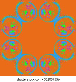 Circular pattern  of floral motif, doodles, hole, spots,stamens,leaves,  tulip. Hand drawn.