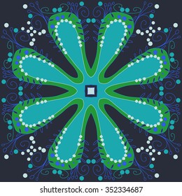Circular pattern  of floral motif, doodles, hole, spots,stamens,leaves,  stylized flower. Hand drawn.