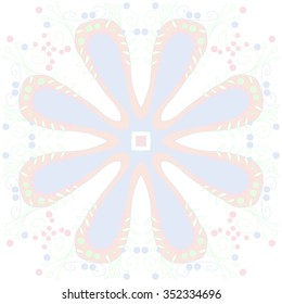 Circular pattern  of floral motif, doodles, hole, spots,stamens,leaves,  stylized flower. Hand drawn.