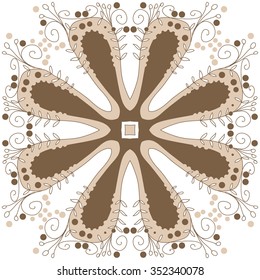 Circular pattern  of floral motif, doodles, hole, spots,stamens,leaves,  stylized flower. Hand drawn.
