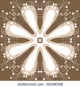 Circular pattern  of floral motif, doodles, hole, spots,stamens,leaves,  stylized flower. Hand drawn.