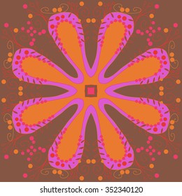 Circular pattern  of floral motif, doodles, hole, spots,stamens,leaves,  stylized flower. Hand drawn.