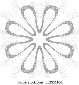 Circular pattern  of floral motif, doodles, hole, spots,stamens,leaves,  stylized flower. Hand drawn.