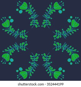 Circular pattern  of floral motif, doodles, hole, spots,stamens,leaves,ellipses  . Hand drawn.