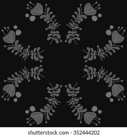 Circular pattern  of floral motif, doodles, hole, spots,stamens,leaves,ellipses  . Hand drawn.