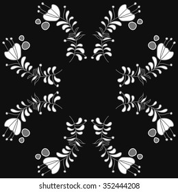 Circular pattern  of floral motif, doodles, hole, spots,stamens,leaves,ellipses  . Hand drawn.
