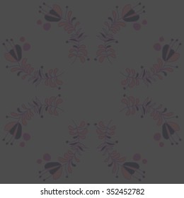 Circular pattern  of floral motif, doodles, hole, spots,stamens,leaves,ellipses  . Hand drawn.
