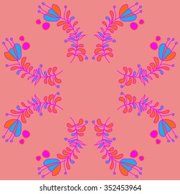 Circular pattern  of floral motif, doodles, hole, spots,stamens,leaves,ellipses  . Hand drawn.