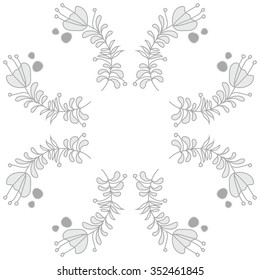 Circular pattern  of floral motif, doodles, hole, spots,stamens,leaves,ellipses  . Hand drawn.
