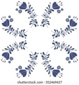 Circular pattern  of floral motif, doodles, hole, spots,stamens,leaves,ellipses  . Hand drawn.