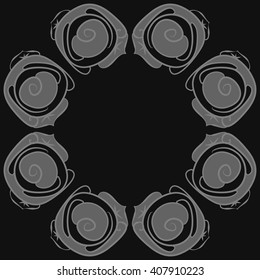 Circular pattern of floral motif, doodles, stylized rosy, leaves, spirals,  copy space. Hand drawn.