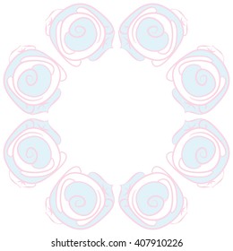 Circular pattern of floral motif, doodles, stylized rosy, leaves, spirals,  copy space. Hand drawn.