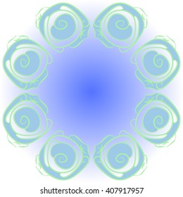 Circular pattern of floral motif, doodles, stylized rosy, leaves, spirals,  copy space. Hand drawn.