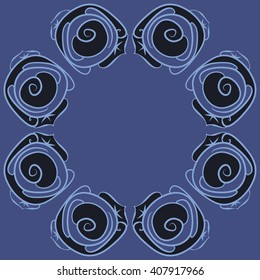 Circular pattern of floral motif, doodles, stylized rosy, leaves, spirals,  copy space. Hand drawn.