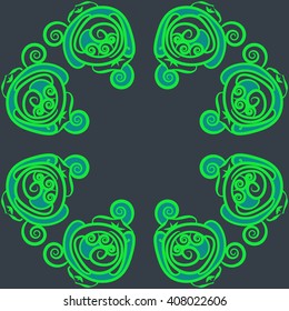 Circular pattern of floral motif, doodles, stylized rosy, leaves, spirals,  copy space. Hand drawn.