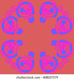 Circular pattern of floral motif, doodles, stylized rosy, leaves, spirals,  copy space. Hand drawn.