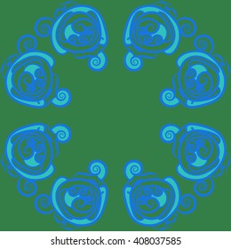 Circular pattern of floral motif, doodles, stylized rosy, leaves, spirals,  copy space. Hand drawn.