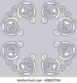 Circular pattern of floral motif, doodles, stylized rosy, leaves, spirals,  copy space. Hand drawn.