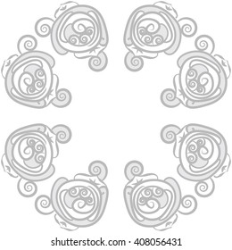 Circular pattern of floral motif, doodles, stylized rosy, leaves, spirals,  copy space. Hand drawn.