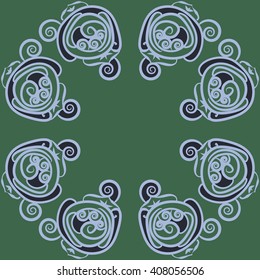 Circular pattern of floral motif, doodles, stylized rosy, leaves, spirals,  copy space. Hand drawn.