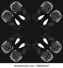 Circular pattern of floral motif, doodles, stylized rosy, leaves, spirals, branches, bud, copy space. Hand drawn.