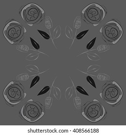 Circular pattern of floral motif, doodles, stylized rosy, leaves, spirals, branches, bud, copy space. Hand drawn.
