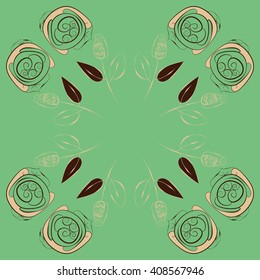 Circular pattern of floral motif, doodles, stylized rosy, leaves, spirals, branches, bud, copy space. Hand drawn.