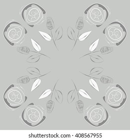 Circular pattern of floral motif, doodles, stylized rosy, leaves, spirals, branches, bud, copy space. Hand drawn.