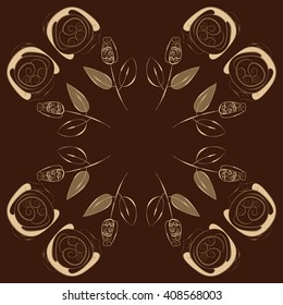 Circular pattern of floral motif, doodles, stylized rosy, leaves, spirals, branches, bud, copy space. Hand drawn.