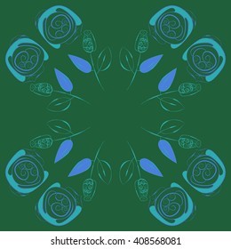 Circular pattern of floral motif, doodles, stylized rosy, leaves, spirals, branches, bud, copy space. Hand drawn.