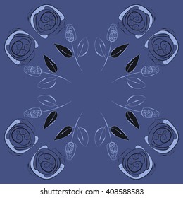 Circular pattern of floral motif, doodles, stylized rosy, leaves, spirals, branches, bud, copy space. Hand drawn.